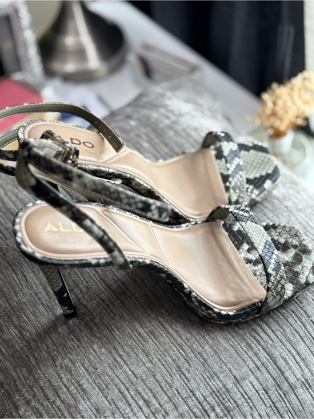 ALDO Women's Snake-Print Slingback High Heel Sandals in Beige/Black